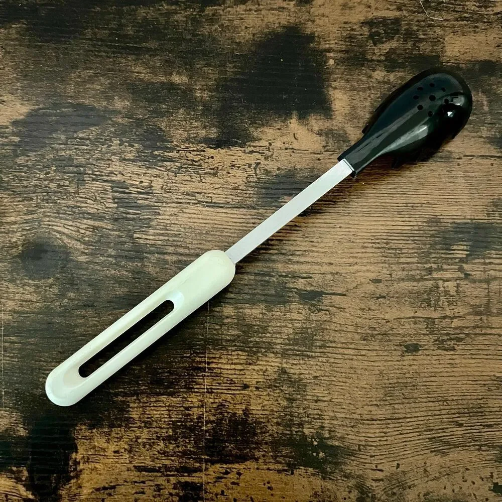 Vintage BONNY Slotted Pasta Server Spaghetti Spoon Black White Utensil